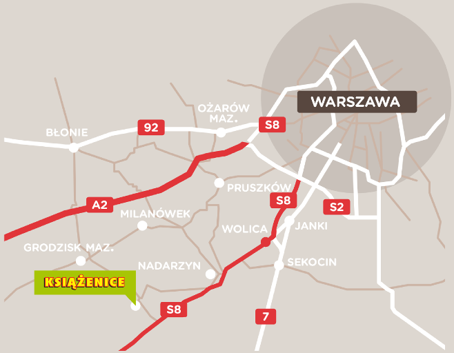 Mapka przedstawiająca możliwości dojazdu do Książenic
